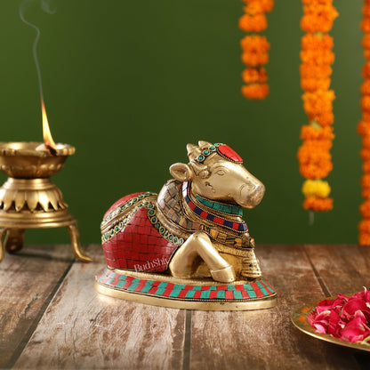 Auspicious Handcrafted Brass Nandi Statue with Natural Stones
