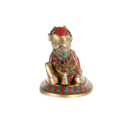 Auspicious Handcrafted Brass Nandi Statue with Natural Stones