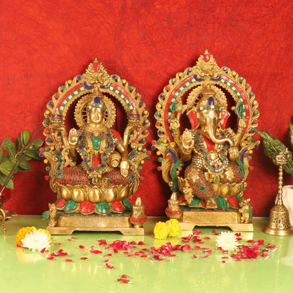 Auspicious Pair: Lord Ganesha and Goddess Lakshmi Brass Statues - Height 18 inches
