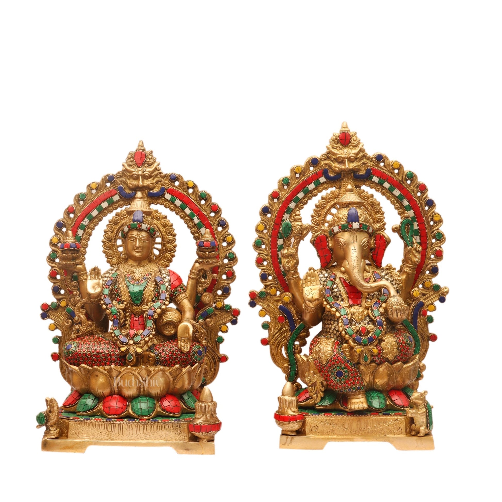 Auspicious Pair: Lord Ganesha and Goddess Lakshmi Brass Statues - Height 18 inches