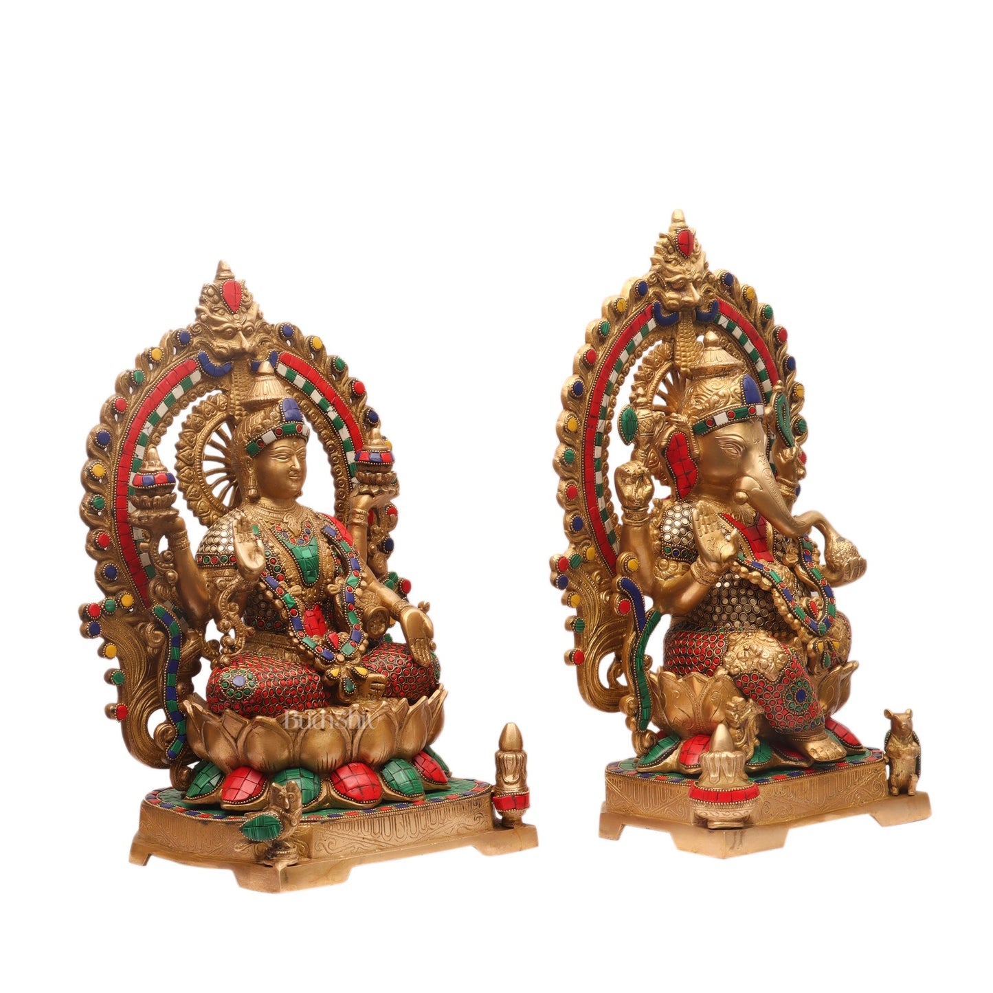 Auspicious Pair: Lord Ganesha and Goddess Lakshmi Brass Statues - Height 18 inches