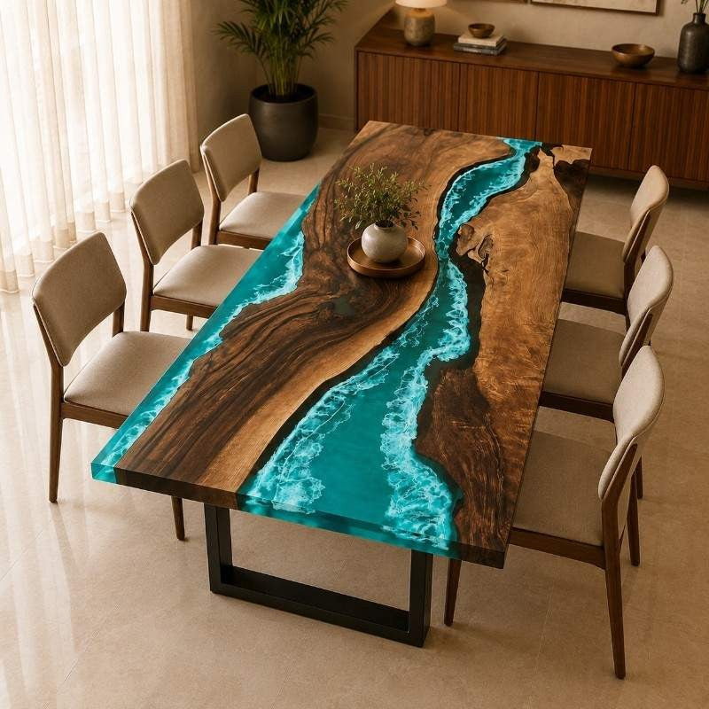 Live Edge Wood Ocean Wave Epoxy Resin Dining Table with Black Metal Legs | Modern Luxury Blue Resin Table Top, Handmade Luxury Furniture Interior Design, Kitchen River Table