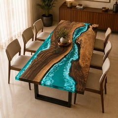 Live Edge Wood Ocean Wave Epoxy Resin Dining Table with Black Metal Legs | Modern Luxury Blue Resin Table Top, Handmade Luxury Furniture Interior Design, Kitchen River Table