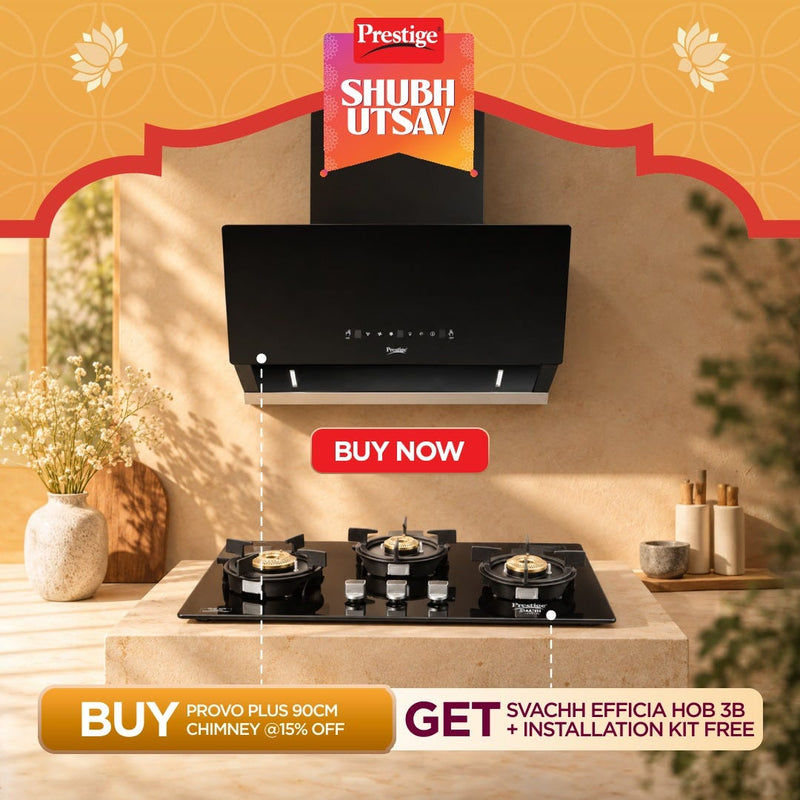 Prestige Provo 900 Kitchen Hood Chimney, Prestige Svachh Efficia Hob 03 AI (with Toughened Glass Top Multi Spark Ignition System & 3 Brass Burners), Prestige Chimney Installation Kit