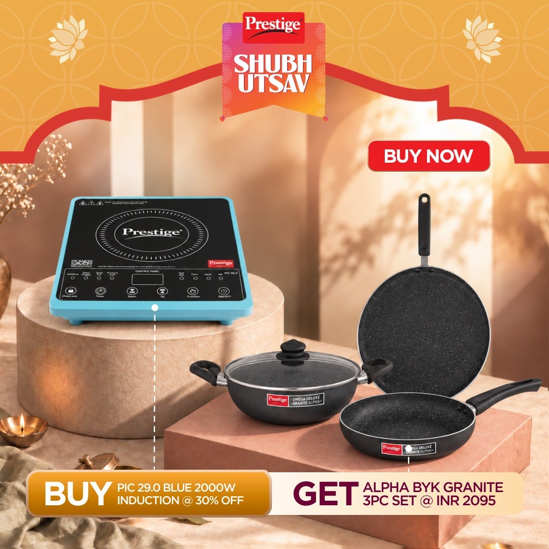 Prestige PIC 29.0 Induction Cooktop 2000W with Preset Indian Menu Options, Blue + Prestige Omega Deluxe Granite Alpha 3 Pc BYK Non-Stick Set: Kadai 24cm with Glass Lid, Omni Tawa 28cm, Fry Pan 24cm