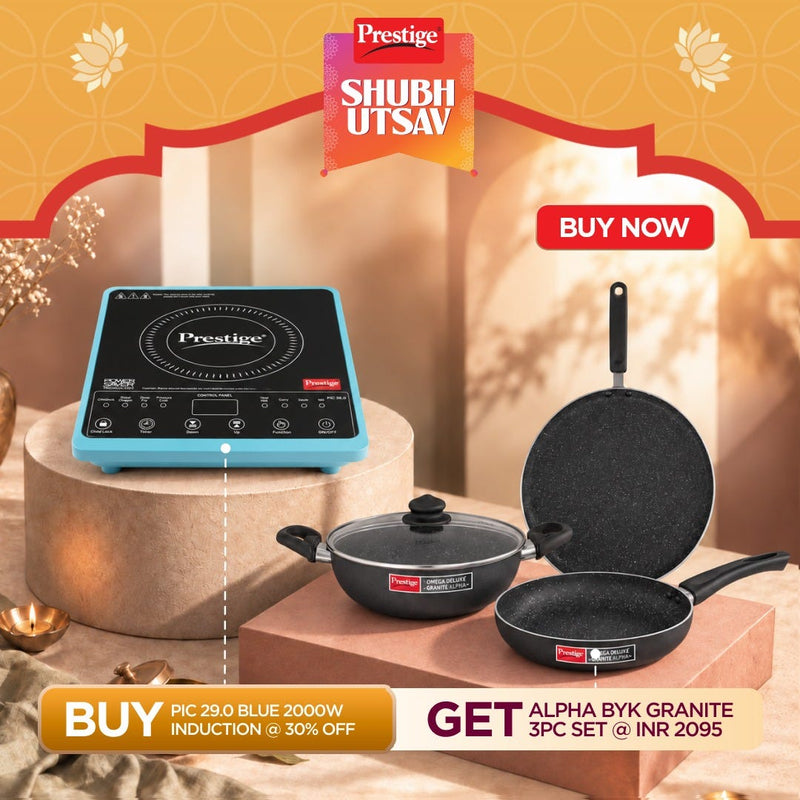 Prestige PIC 29.0 Induction Cooktop 2000W with Preset Indian Menu Options, Blue + Prestige Omega Deluxe Granite Alpha 3 Pc BYK Non-Stick Set: Kadai 24cm with Glass Lid, Omni Tawa 28cm, Fry Pan 24cm