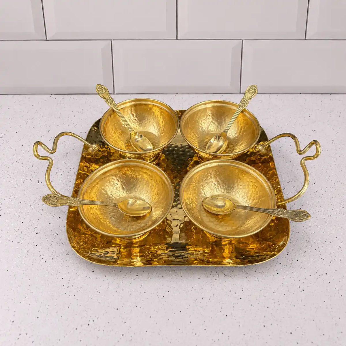 Brass Hammered Serving Tray / Platter With Bowl and Spoon Set With Velvet Box