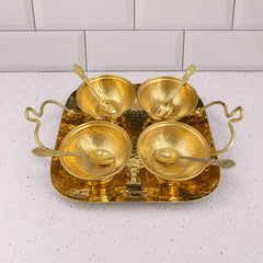 Brass Hammered Serving Tray / Platter With Bowl and Spoon Set With Velvet Box