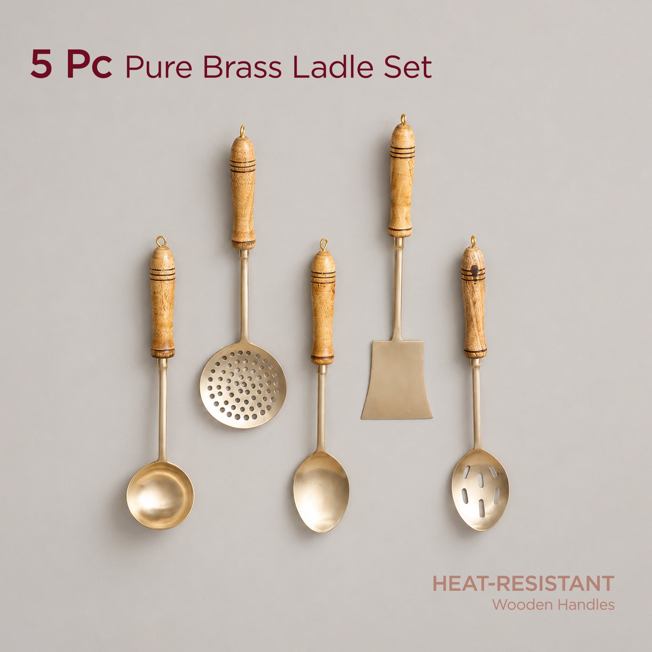 5-Piece Handcrafted Pure Brass Ladle Set •  Durable & Heat-Resistant Wooden Handles (पीतल के करछुल सेट)