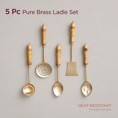 5-Piece Handcrafted Pure Brass Ladle Set •  Durable & Heat-Resistant Wooden Handles (पीतल के करछुल सेट)