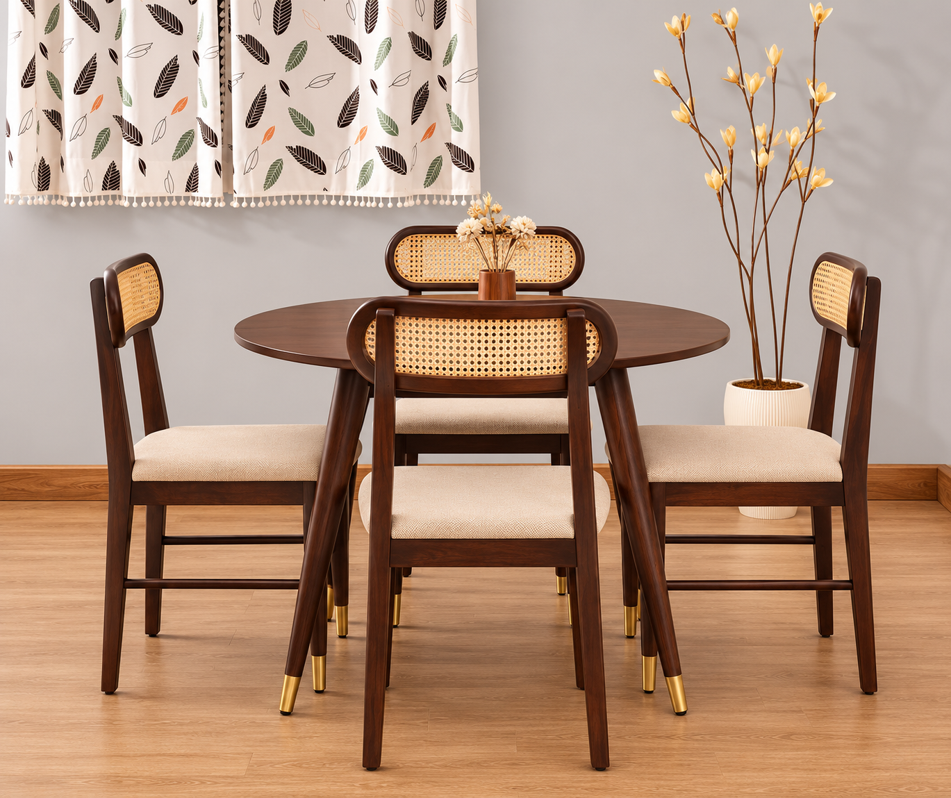 Ashton Solid Wood Rattan Cane Round Dining Table Set-4 Seater  