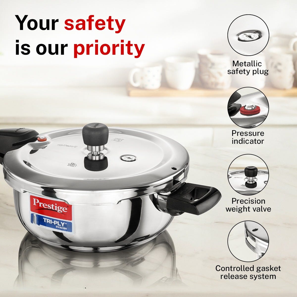 Prestige Svachh Triply Outer Lid Pressure Cooker with Deep Lid for Spillage Control, 3.5 Litre, Silver + Prestige Platina Popular Stainless Steel Impact Forged Bottom Kadai with Glass Lid, 24cm, 2.8 L