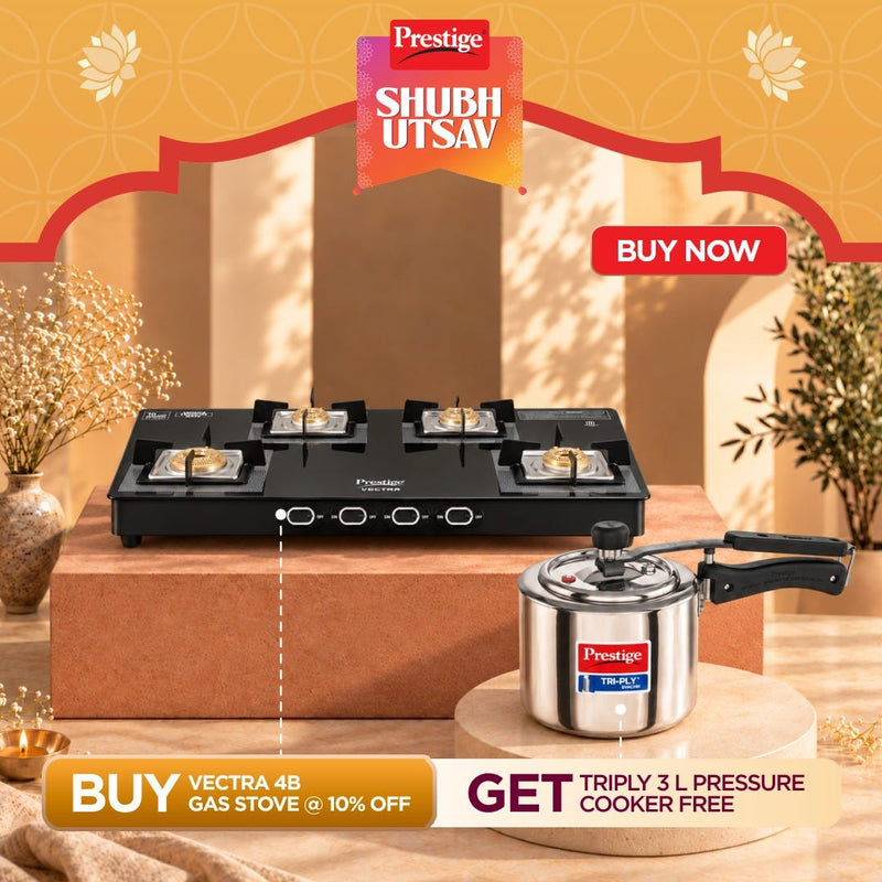Prestige Vectra 4 Burner Glass Top Gas Stove, Toughened Glass, Jumbo Brass Burner, Black + Prestige 3 Litre TRIPLY Svachh Inner Lid Pressure Cooker, Deep Lid for Spillage Control, Gas & Induction, ISI
