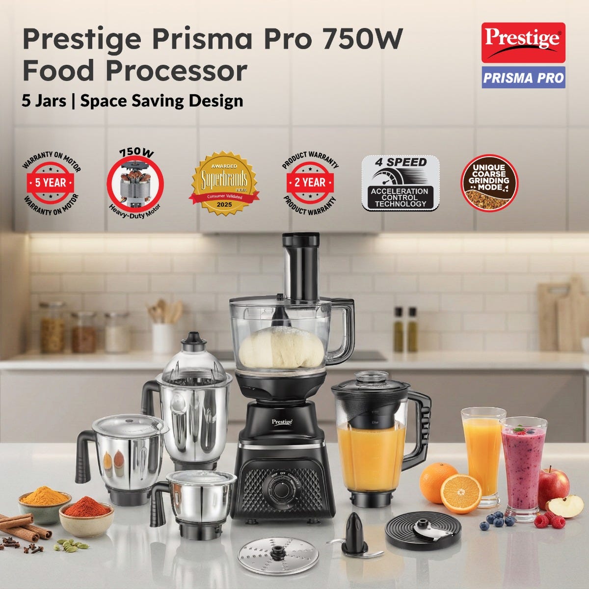 Prestige Prisma Pro 750W 5 Jars Mixer Grinder, 3 Stainless Steel Jars, 1 Multi Utility Jar, 1 Juice Jar, 6 Efficient Blades, Black & Silver + Prestige 1.5L PMC 3.0 Plus Multi Kettle / Multi Cooker