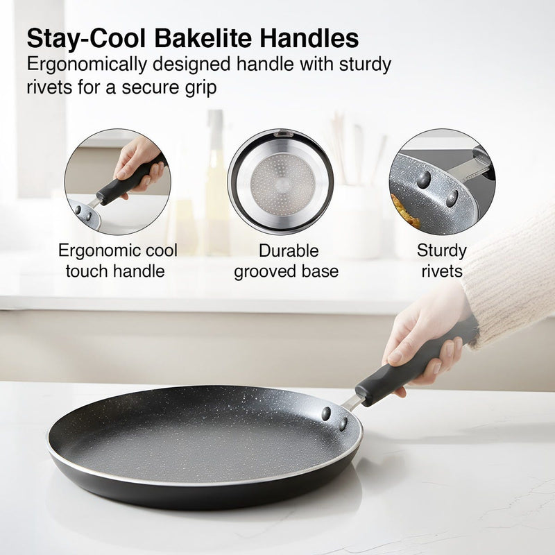 Prestige Deluxe Alpha Svachh Stainless Steel Spillage Control Pressure Cooker, 5.5 L (Silver), Prestige Omega Deluxe Granite Non-stick Round Base Omni Tawa, 28 cm (Black)