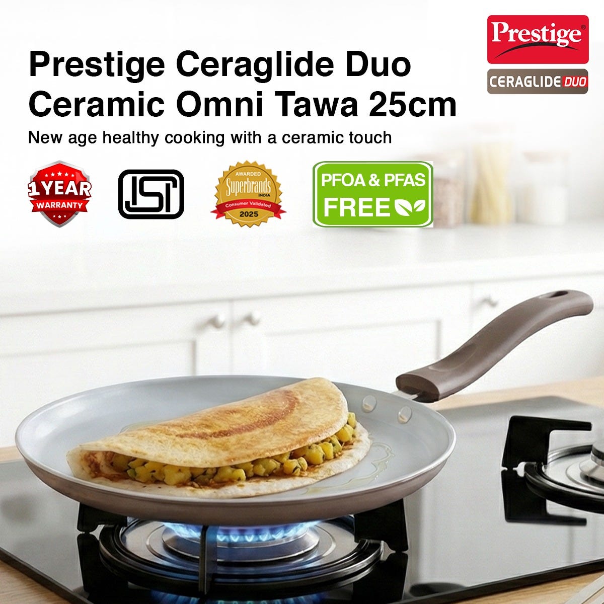 Prestige Ceraglide Duo Ceramic Coating Non Stick Aluminium Cookware Omni Tawa Dia 25 cm, Prestige Ceraglide Duo Ceramic Coating Non Stick Aluminium Cookware Fry Pan Dia 24 cm (1.6 Litre)