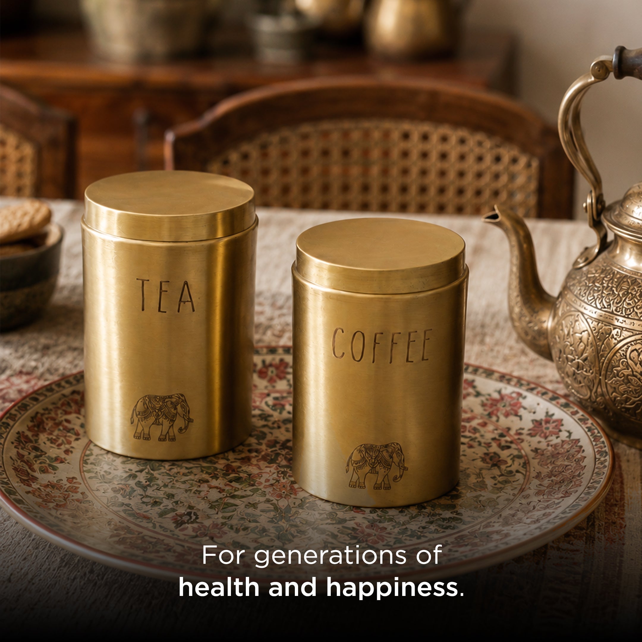 Pure Brass Tea and Coffee Container Set with Elephant Motif
