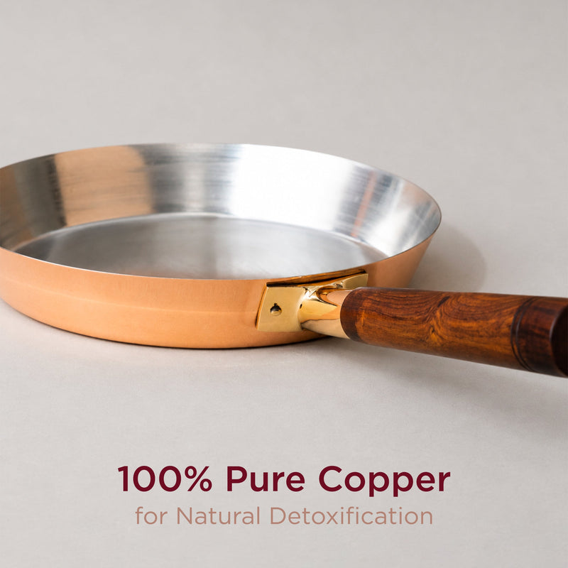 Traditional Copper Fry Pan with Tin Coating and Insulated Handle (तांबा का फ्राई पैन)