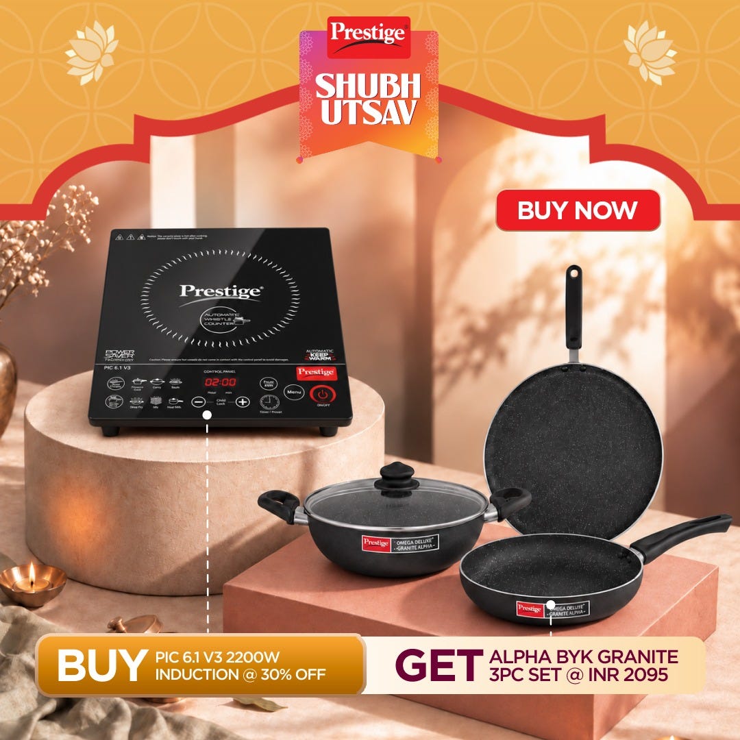 Prestige PIC 6.1 V3 2200W Induction Cooktop, Whistle Counter, 4KV Surge Protection + Prestige Omega Deluxe Granite Alpha 3 Pc BYK Non-Stick Set: Kadai 24cm with Glass Lid, Omni Tawa 28cm, Fry Pan 24cm