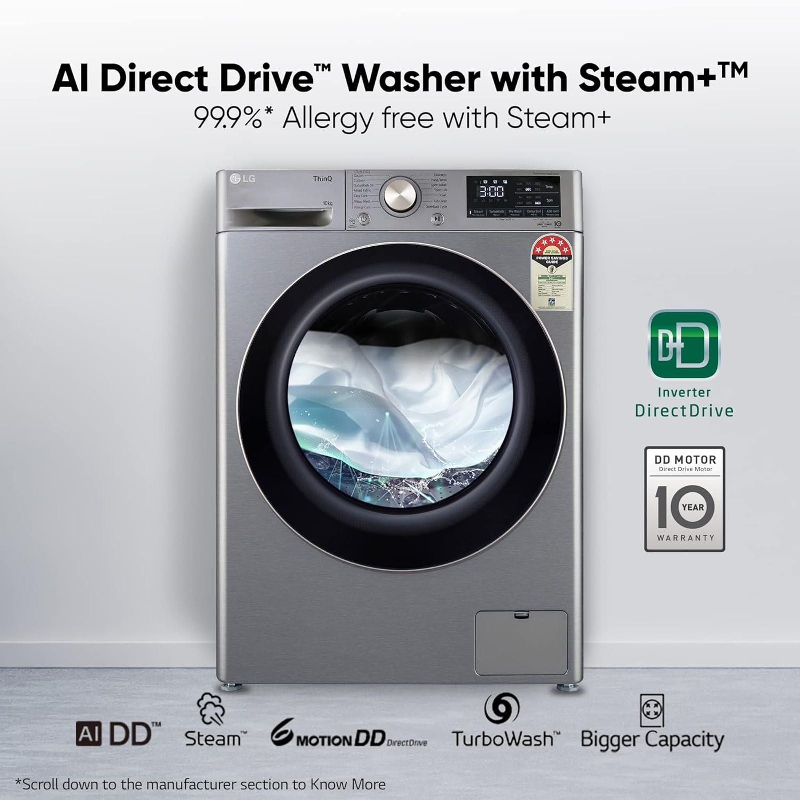 LG 10 kg 5 Star Fully Automatic Front Load Washing Machine (FHP1410Z7P.APSQEIL, Smart Diagnosis, Platinum Silver)