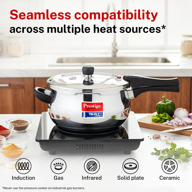 Prestige 5 Litre TRIPLY Svachh Outer Lid Handi Pressure Cooker, Deep Lid for Spillage Control, Gas & Induction Compatible + Prestige 24cm/1.7L Tri-Ply Stainless Steel Splendid Fry Pan, 15Y Warranty