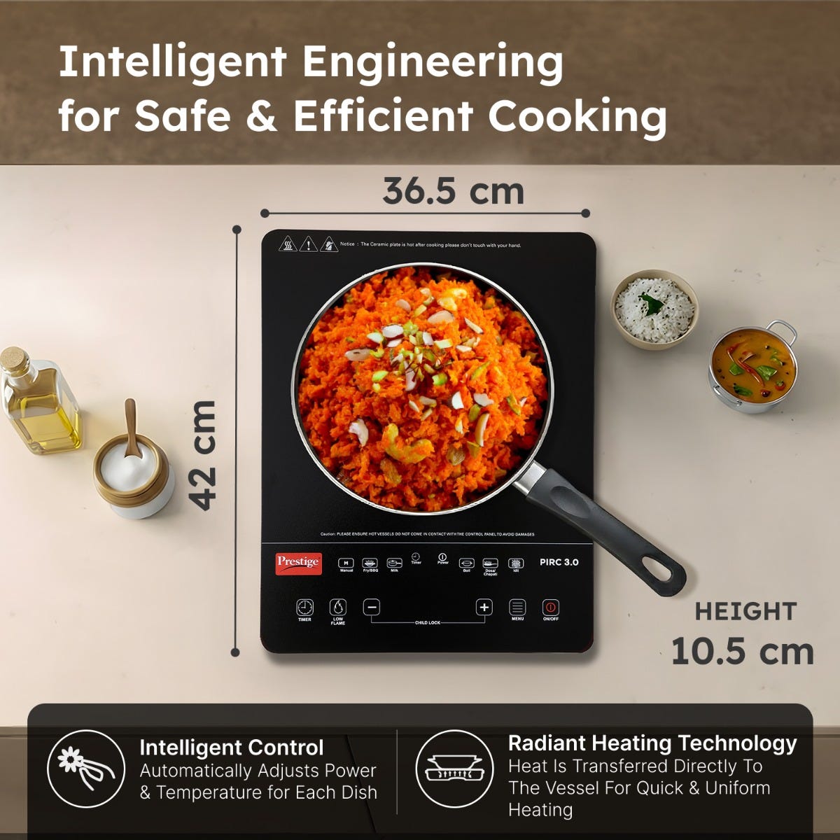 Prestige PIRC 3.0 2400W Infrared Cooktop, Indian Menus & Timer, Flat-Bottom Cookware, Black + Prestige TRIPLY Splendid 4 Pc Cookware Set: Fry Pan 22cm, Kadai 22cm, Saucepan 14cm, SS Lid 24cm