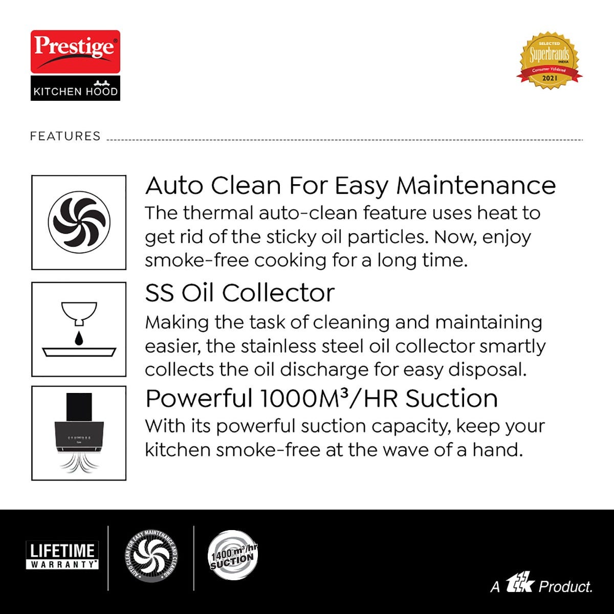 Prestige Provo 900 Kitchen Hood Chimney, Prestige Svachh Efficia Hob 03 AI (with Toughened Glass Top Multi Spark Ignition System & 3 Brass Burners), Prestige Chimney Installation Kit
