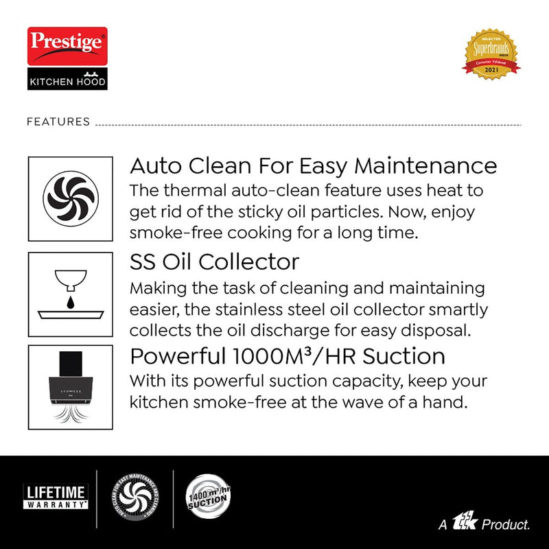 Prestige Provo 900 Kitchen Hood Chimney, Prestige Svachh Efficia Hob 03 AI (with Toughened Glass Top Multi Spark Ignition System & 3 Brass Burners), Prestige Chimney Installation Kit