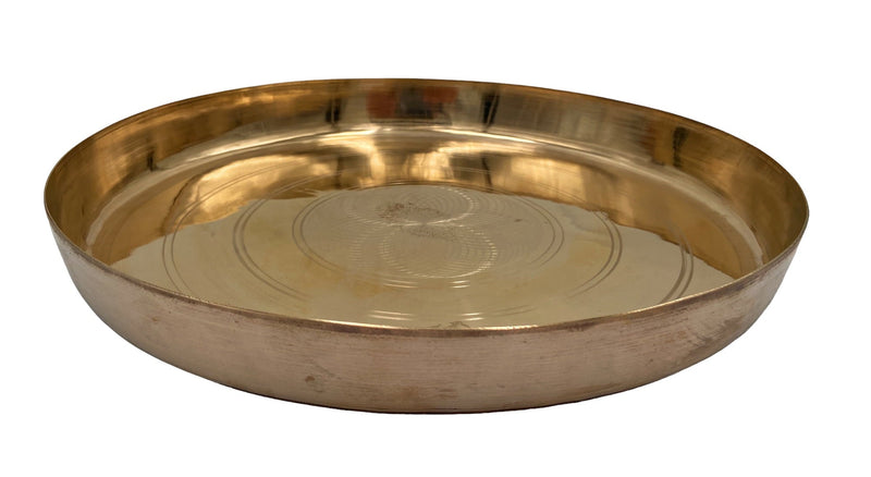 Traditional Pure Brass Dinner Plate (Peetal Thali, Pittala Bhojan Plate, Hittale Oota Thali / Pittalam Dining Plate) Handmade Indian Dining Thali for Temple Bhojan, Prasadam Serving & Festive Meals, Gold, 11.42 Inch, 1 Piece