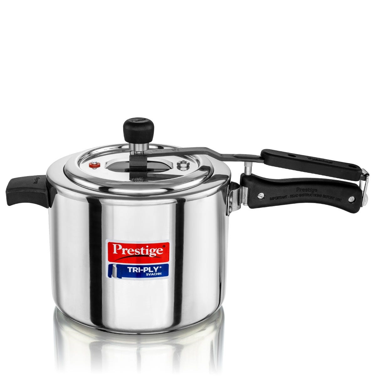 Prestige Edge PEBS 04 4 Burner Manual Gas Stove, Black + Prestige 5 L Tri-Ply Svachh Inner Lid Pressure Cooker, Gas & Induction Compatible, Spillage Control, 5 Years Warranty, Silver