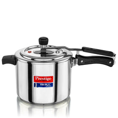 Prestige Edge PEBS 04 4 Burner Manual Gas Stove, Black + Prestige 5 L Tri-Ply Svachh Inner Lid Pressure Cooker, Gas & Induction Compatible, Spillage Control, 5 Years Warranty, Silver