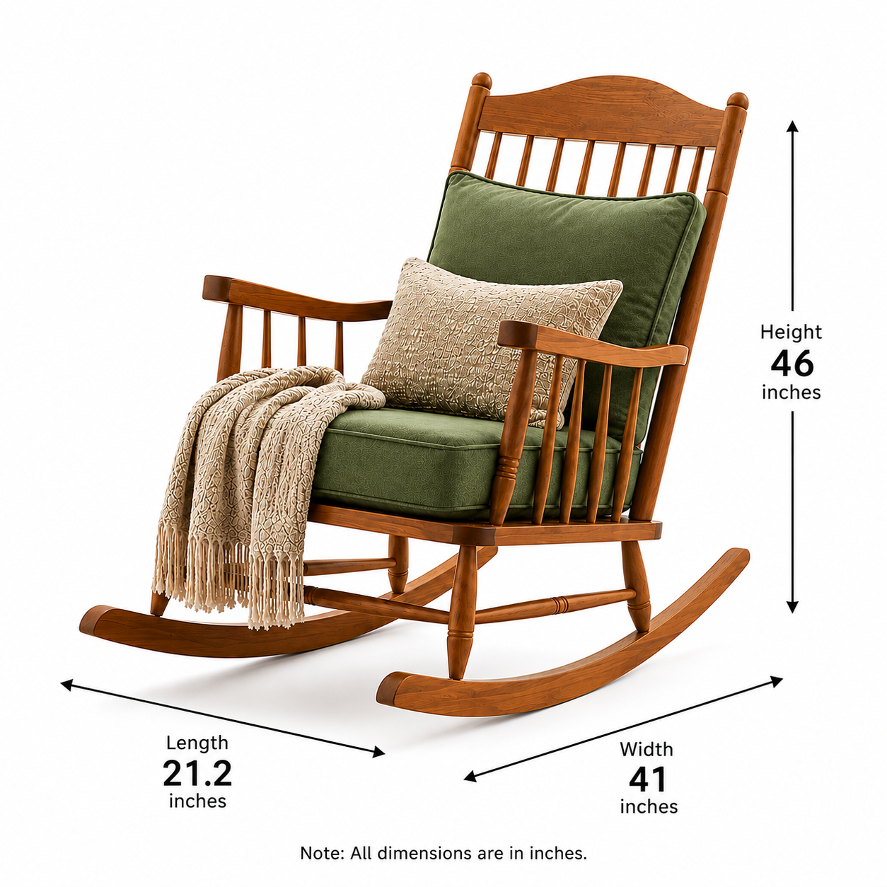 High-Back Solid Wood Rocking Chair with Cushions