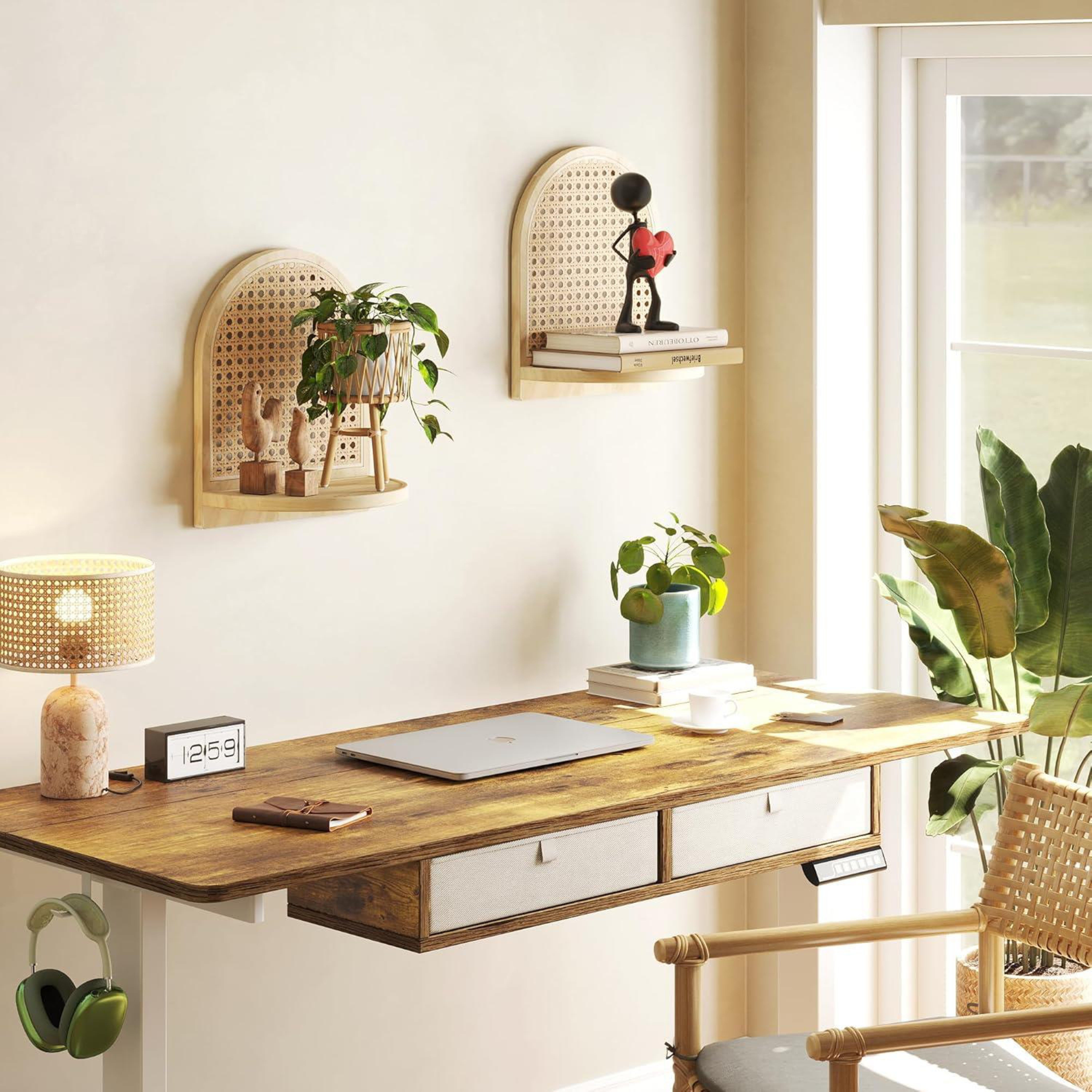 Natural Rattan Arch Wall Display Shelf- Set Of 2