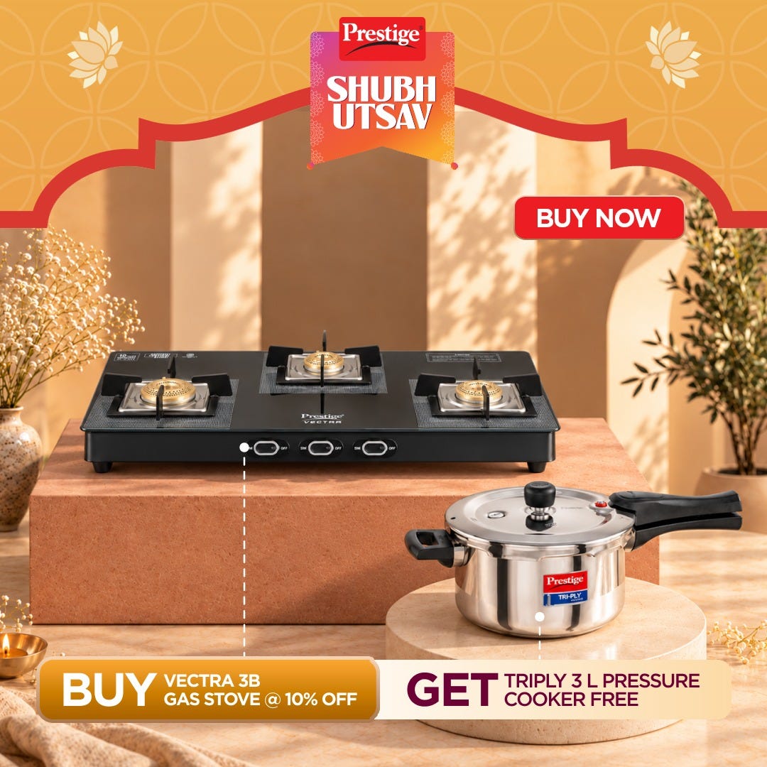 Prestige Vectra 3 Burner Glass Top Gas Stove, Toughened Glass, Jumbo Brass Burner, Black + Prestige 3 Litre TRIPLY Svachh Outer Lid Pressure Cooker, Deep Lid for Spillage Control, Gas & Induction, ISI