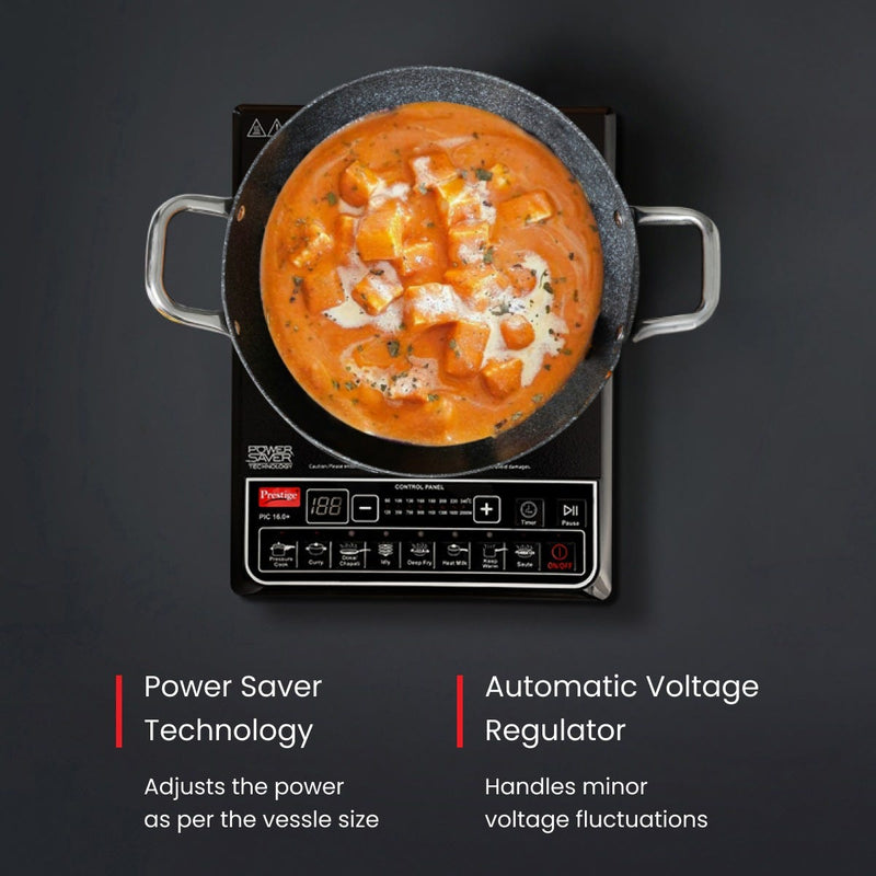 Prestige PIC 16.0 Plus 2000W Induction Cooktop, 4KV Surge Protection, 8 Indian Menus, Black + Prestige TRIPLY Splendid 4 Pc Cookware Set: Fry Pan 22cm, Kadai 22cm, Saucepan 14cm, SS Lid 24cm