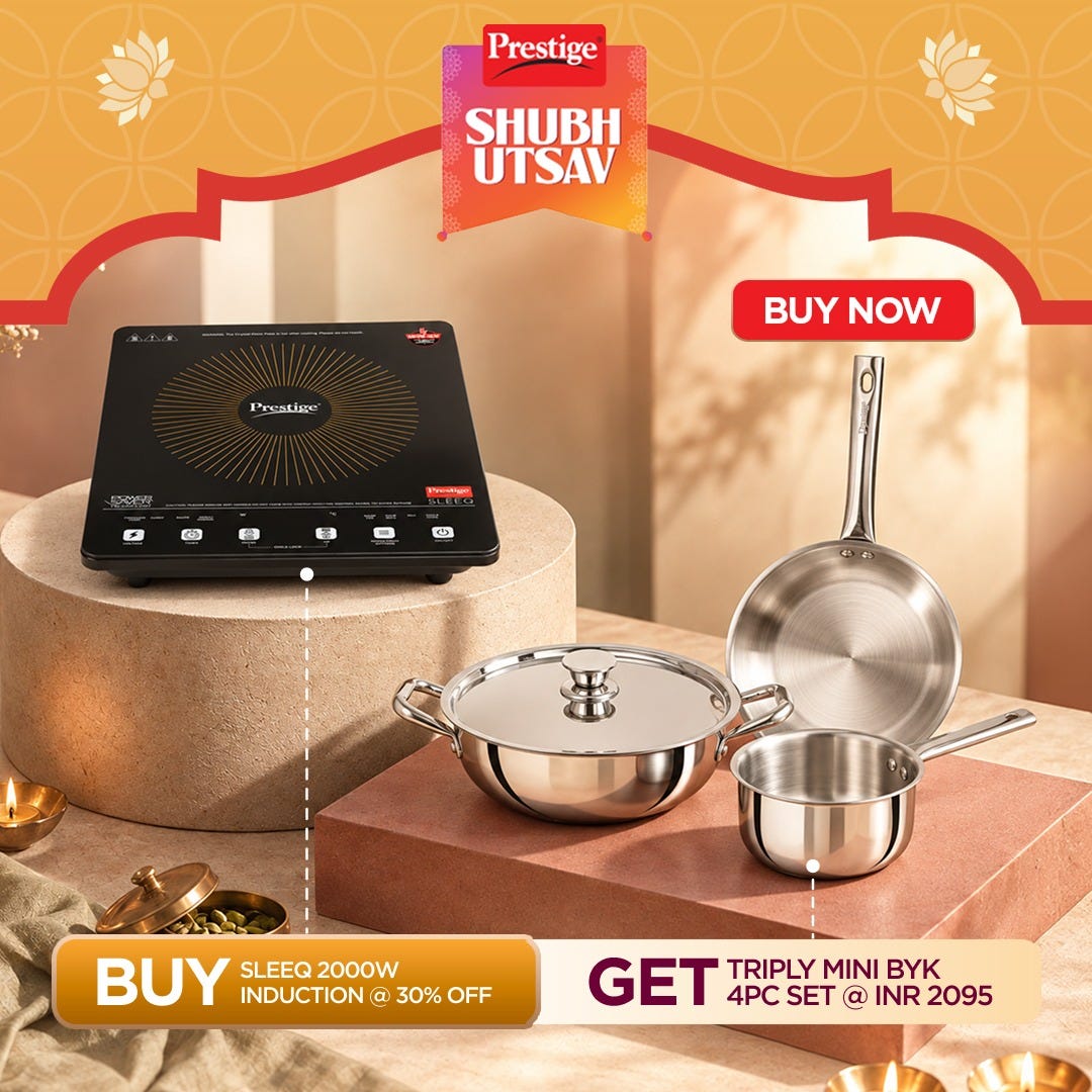 Prestige Sleeq 2300W Induction Cooktop, 4KV Surge Protection, 7 Preset Indian Menus & Timer, Black + Prestige TRIPLY Splendid 4 Pc Cookware Set: Fry Pan 22cm, Kadai 22cm, Saucepan 14cm, SS Lid 24cm