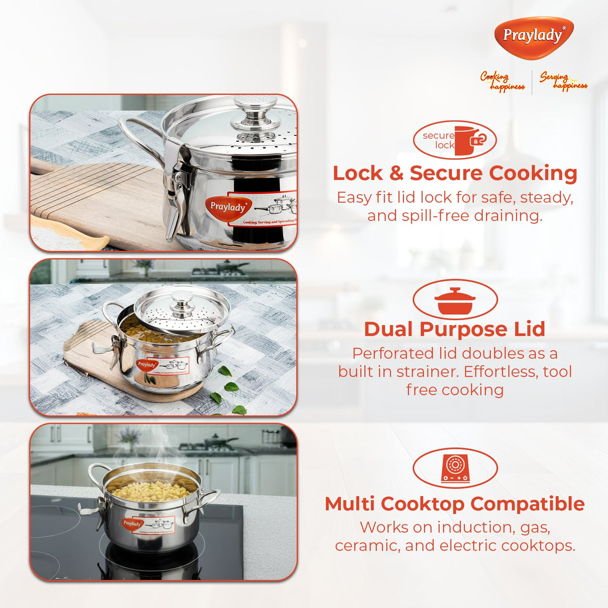 Baby Boss Stainless Steel Strainer Pot with Lock –  Pasta, Rice & Vegetable Cooking Pot with Induction Base