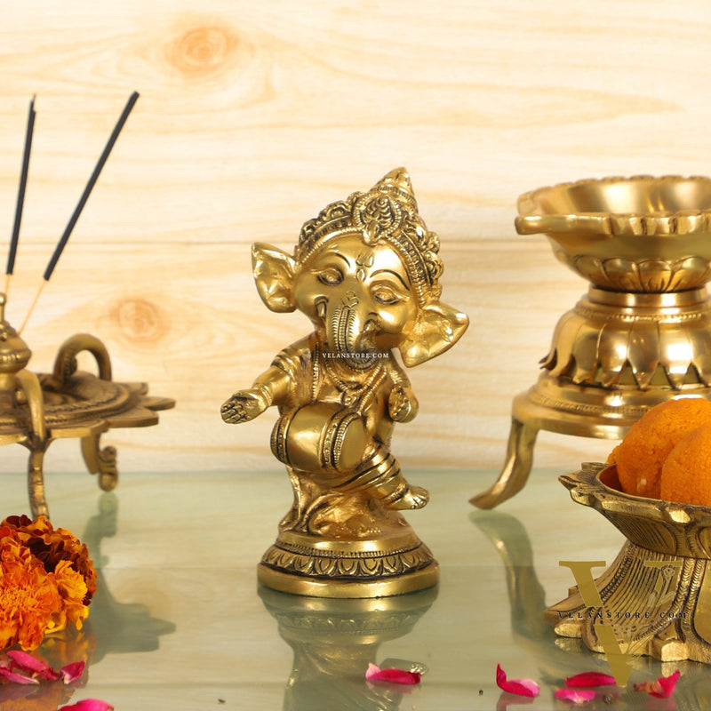 Baby Dholak Ganesha Brass Idol - Golden | BudhShiv