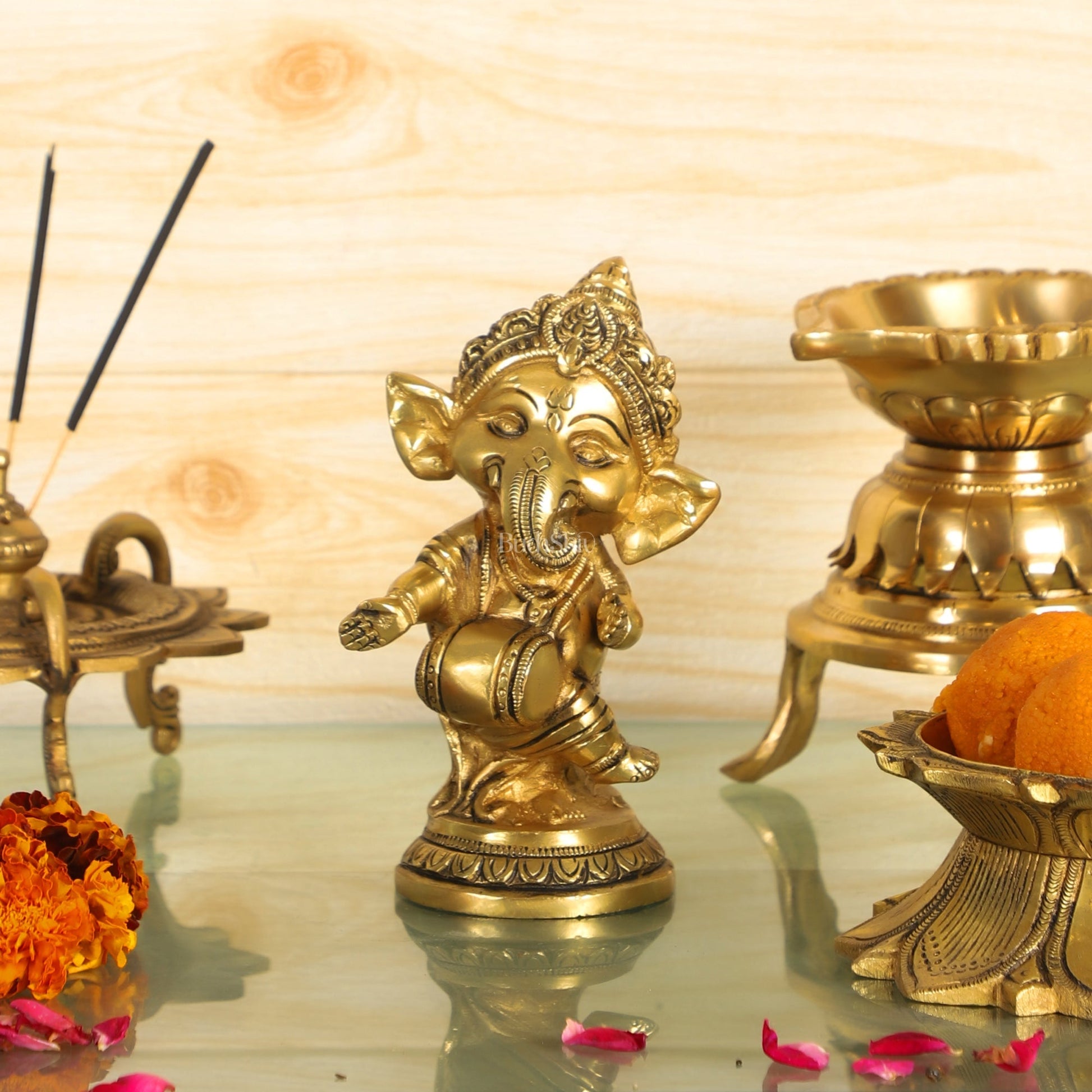 Baby Dholak Ganesha Brass Idol - Golden | BudhShiv