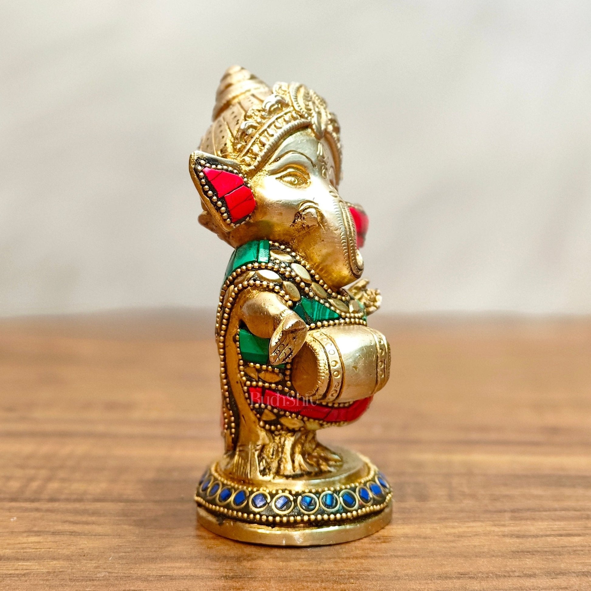 Baby Dholak Ganesha Brass Idol - Perfect for Office Desk, Study Table, Temple - stonework