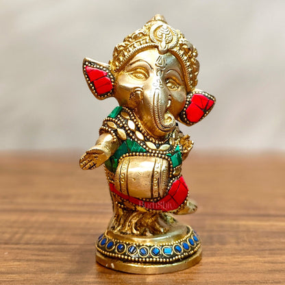 Baby Dholak Ganesha Brass Idol - Perfect for Office Desk, Study Table, Temple - stonework