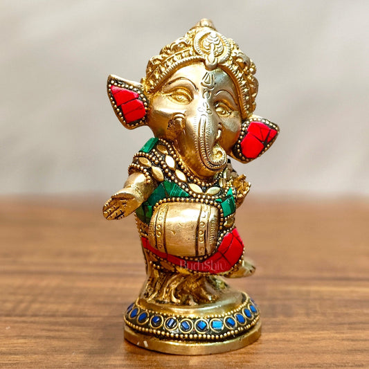 Baby Dholak Ganesha Brass Idol - Perfect for Office Desk, Study Table, Temple - stonework