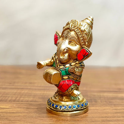 Baby Dholak Ganesha Brass Idol - Perfect for Office Desk, Study Table, Temple - stonework