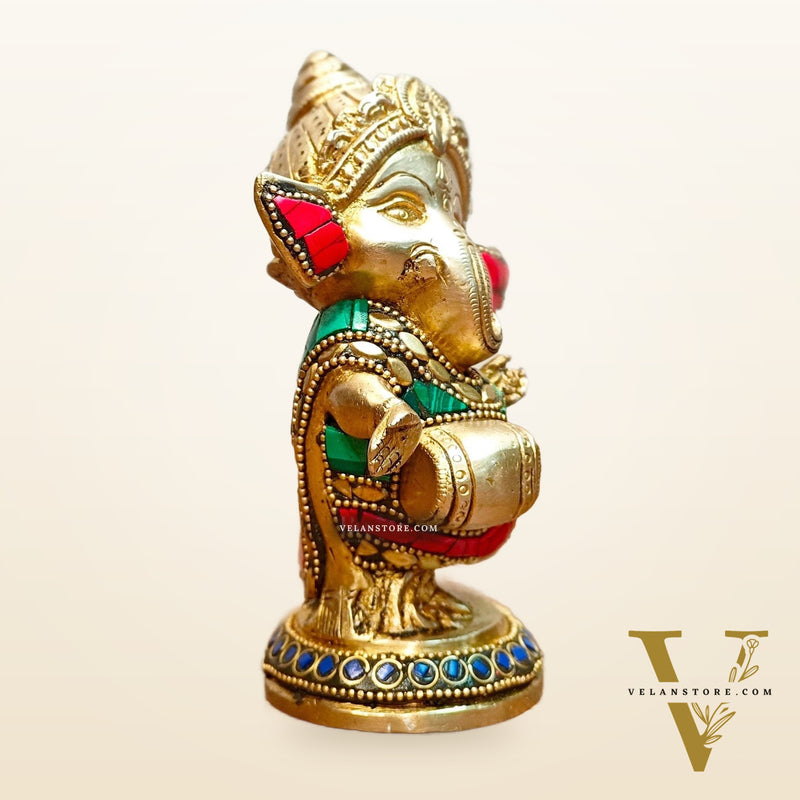 Baby Dholak Ganesha Brass Idol - Perfect for Office Desk, Study Table, Temple - stonework