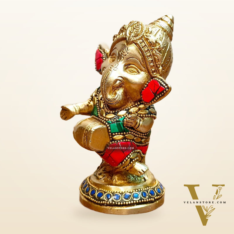 Baby Dholak Ganesha Brass Idol - Perfect for Office Desk, Study Table, Temple - stonework