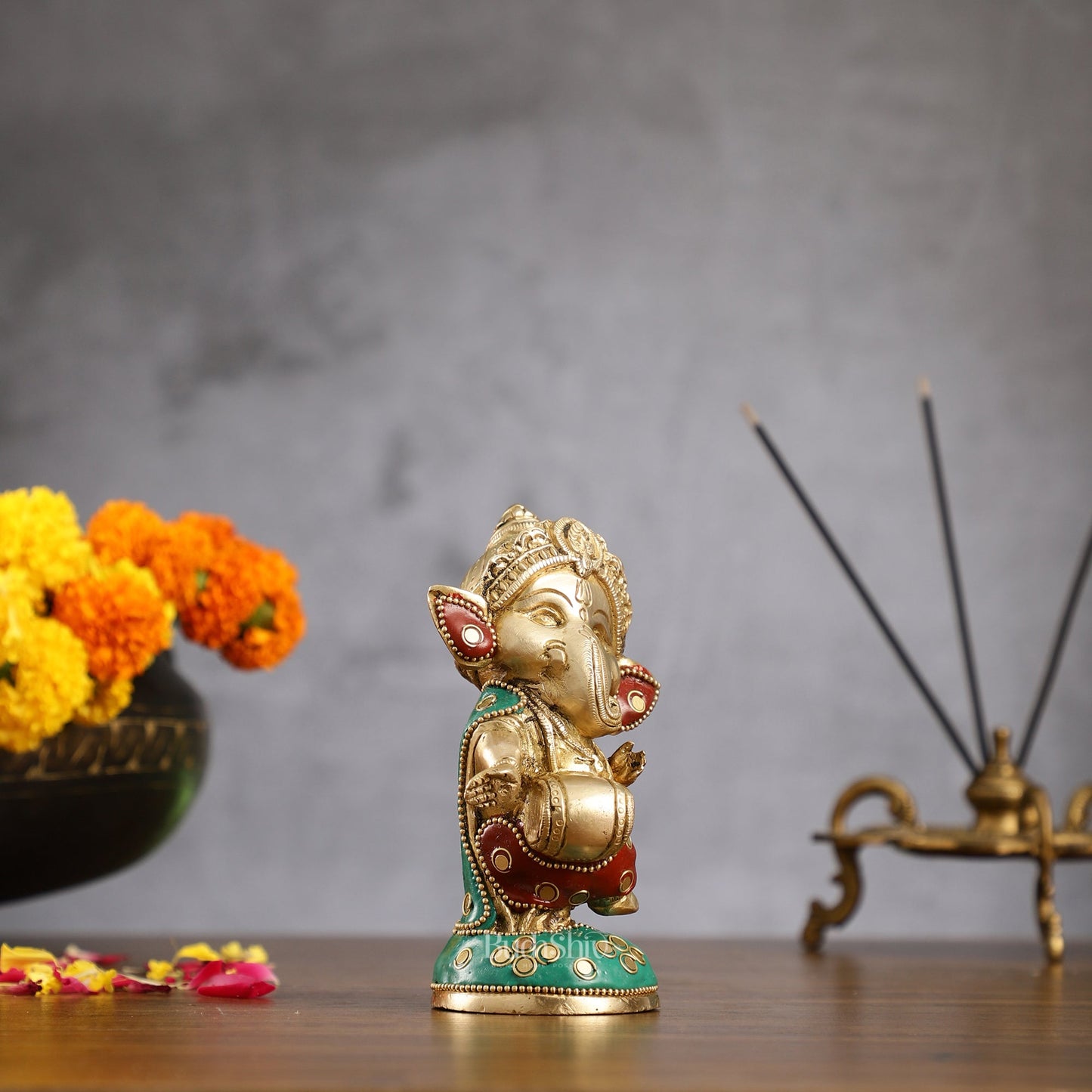 Baby Dholak Ganesha Brass Idol - Perfect for Office Desk, Study Table, Temple - stonework