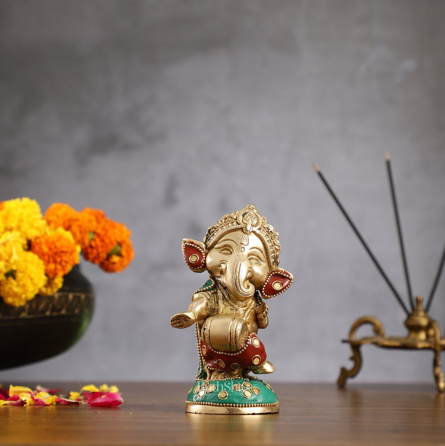 Baby Dholak Ganesha Brass Idol - Perfect for Office Desk, Study Table, Temple - stonework