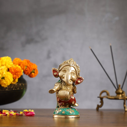 Baby Dholak Ganesha Brass Idol - Perfect for Office Desk, Study Table, Temple - stonework