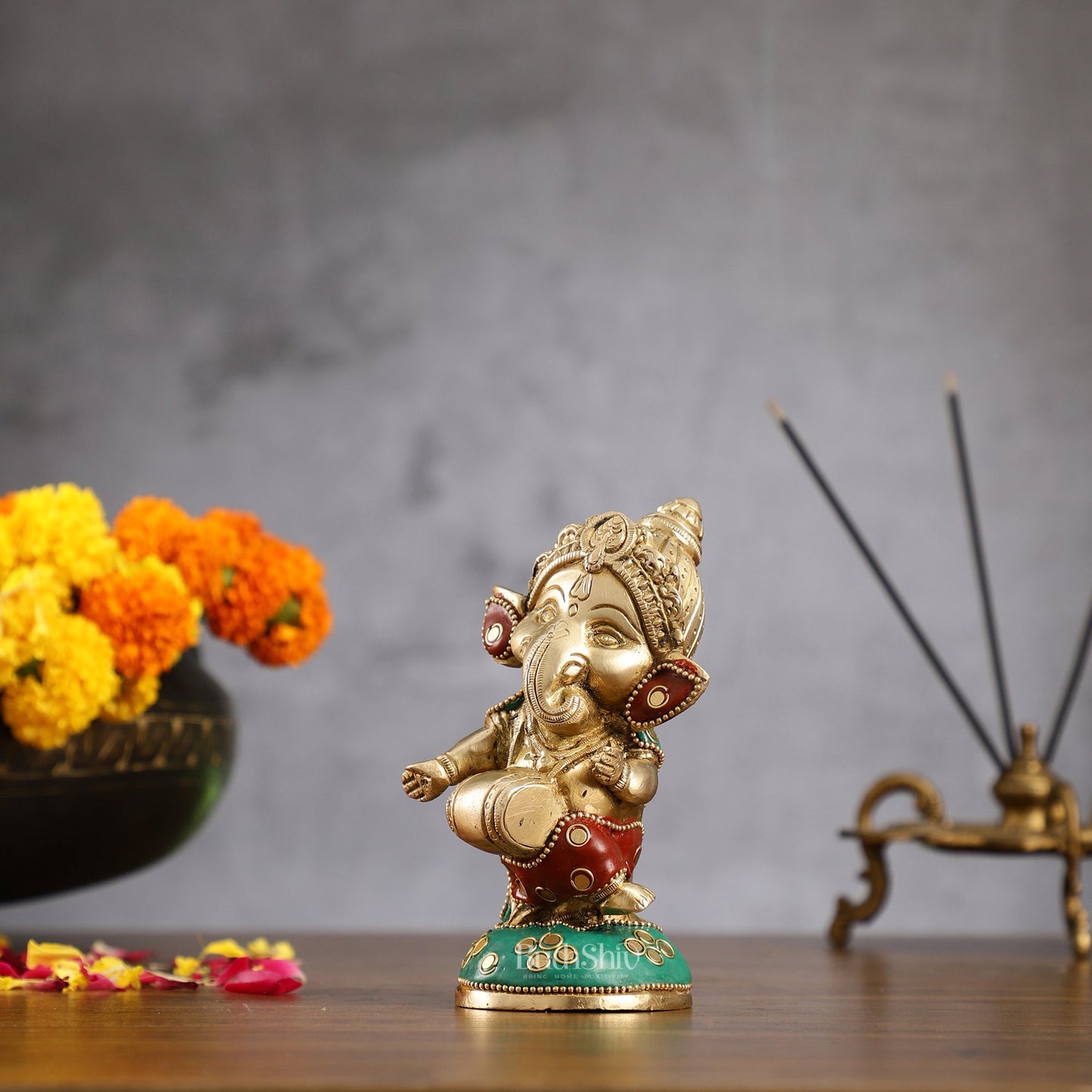 Baby Dholak Ganesha Brass Idol - Perfect for Office Desk, Study Table, Temple - stonework