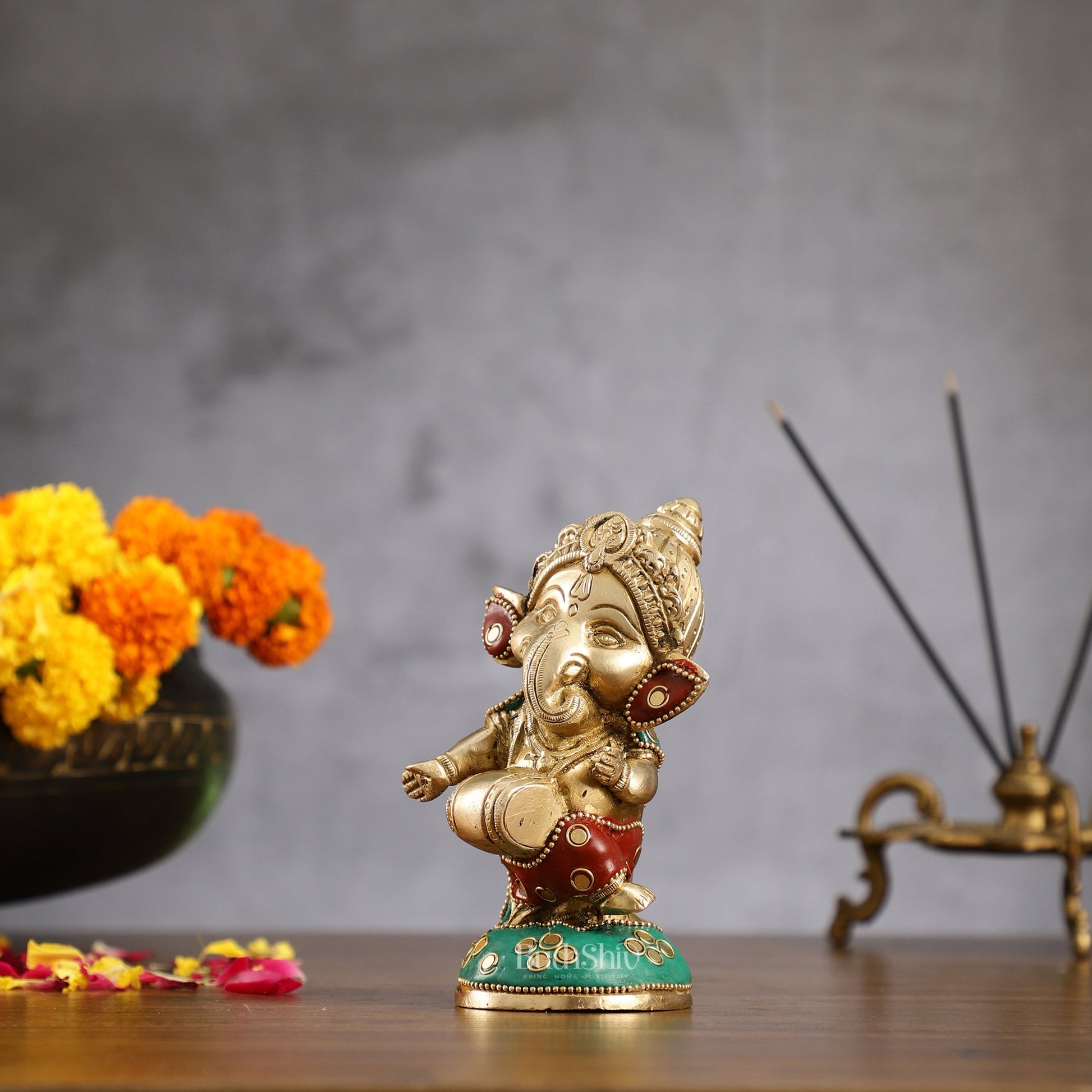 Baby Dholak Ganesha Brass Idol - Perfect for Office Desk, Study Table, Temple - stonework
